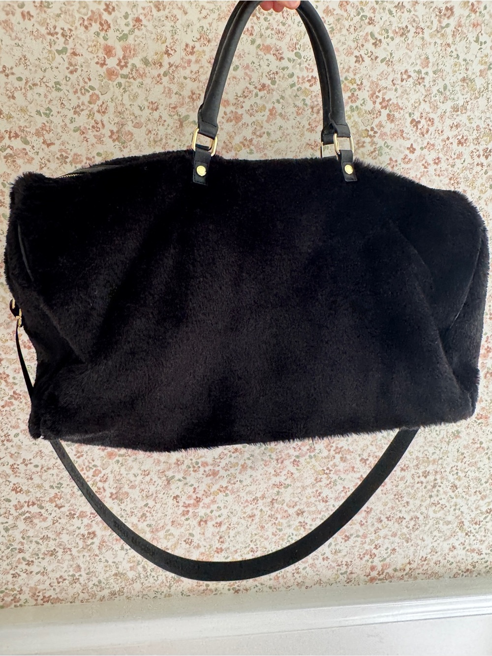 Steve Madden Faux Fur Black Weekend Duffle Bag with Shoulder Strap & Handles